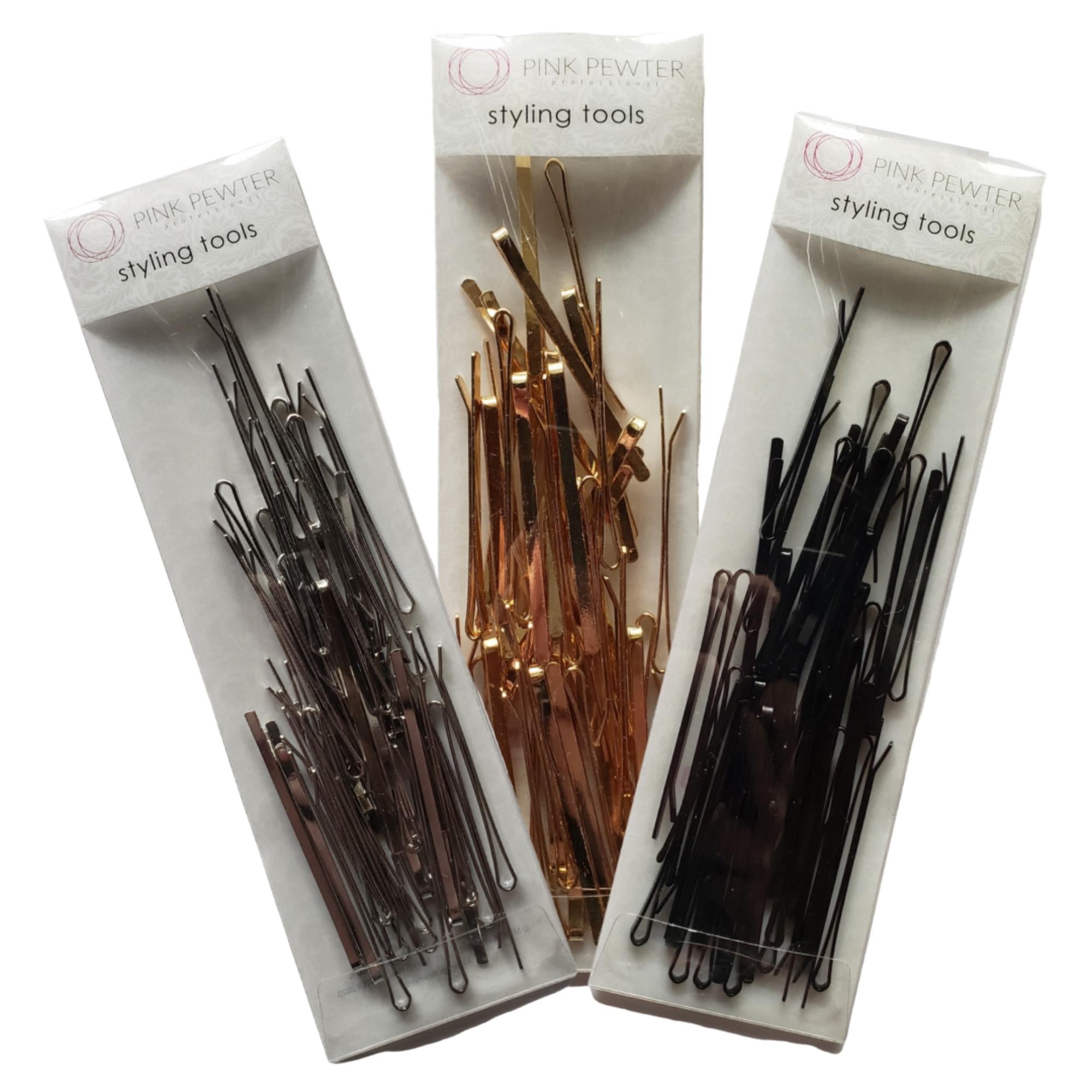 Pink Pewter Professional Flat Metal Styling Bobby Pins in Storage Cases - 120pc Pack (Black/Silver/Gold)